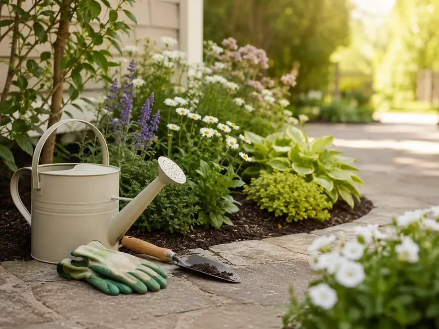 Gießkanne und Gartengeräte in einem gepflegten Garten