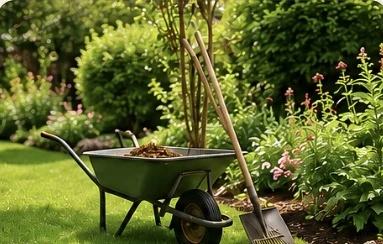 Schubkarre und Gartengeräte bei der Gartenarbeit