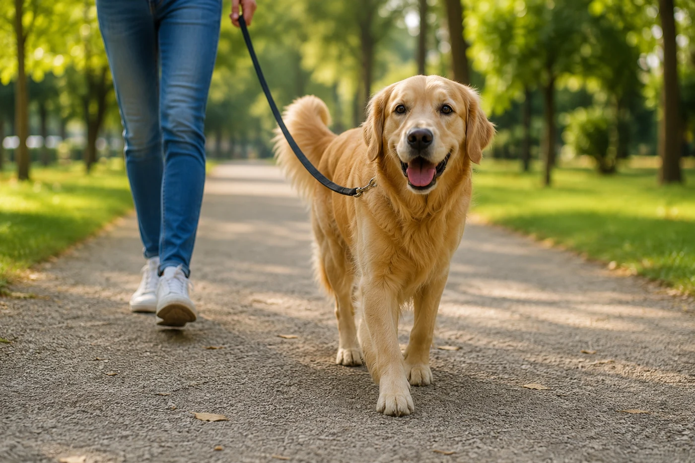 Hund an der Leine beim Spaziergang im Park