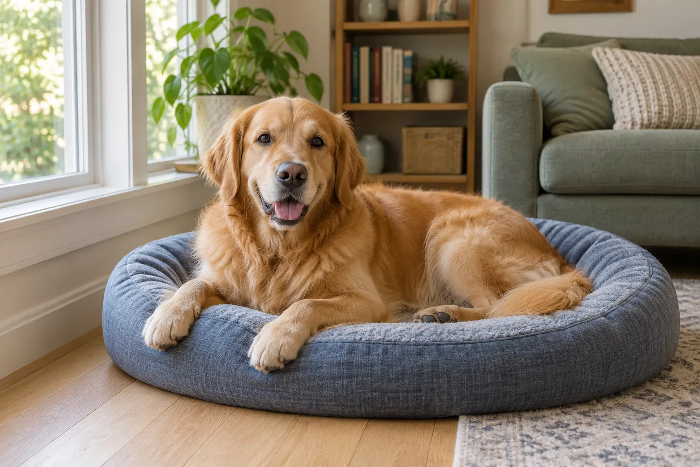 Golden Retriever liegt entspannt im Hundebett neben einem Wohnzimmerfenster – mit KI generiert