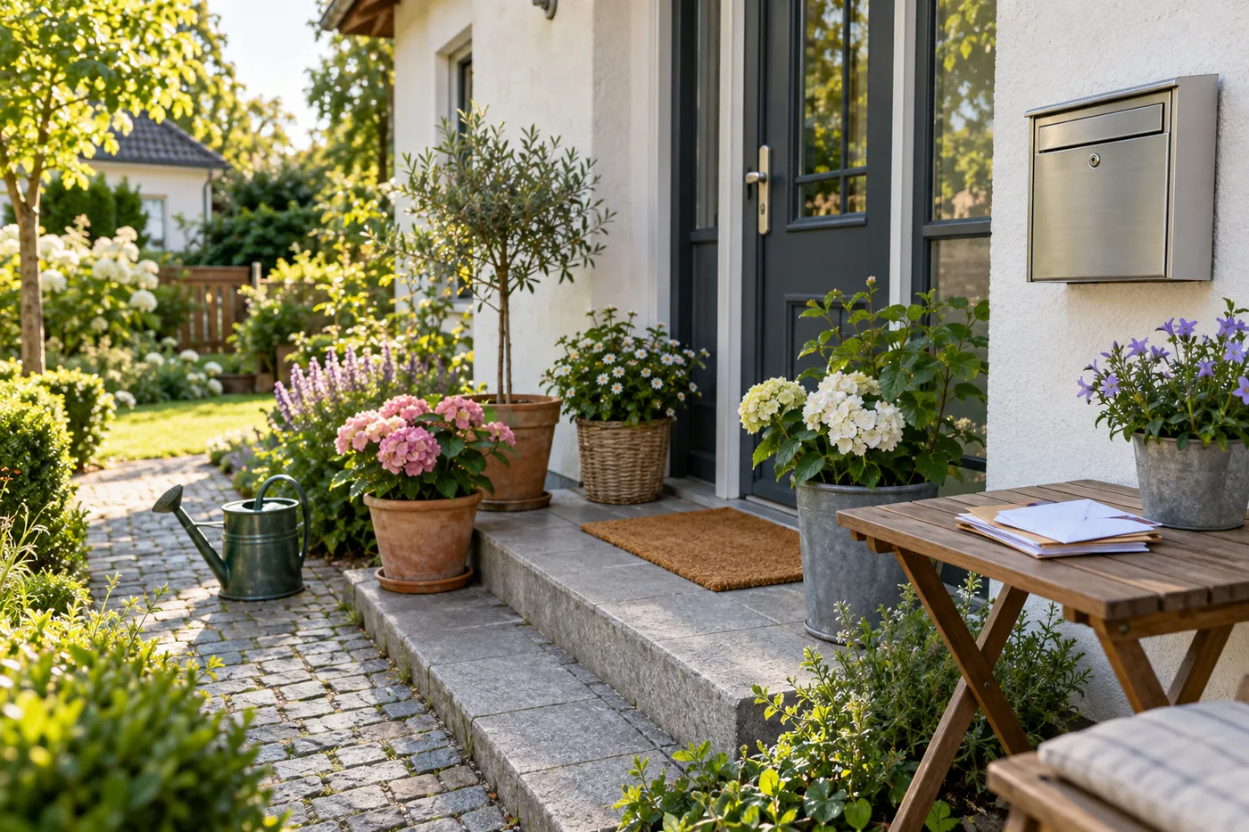 Hauseingang mit Briefkasten, Pflanzen und Gießkanne als Motiv für die Urlaubsbetreuung – mit KI generiert