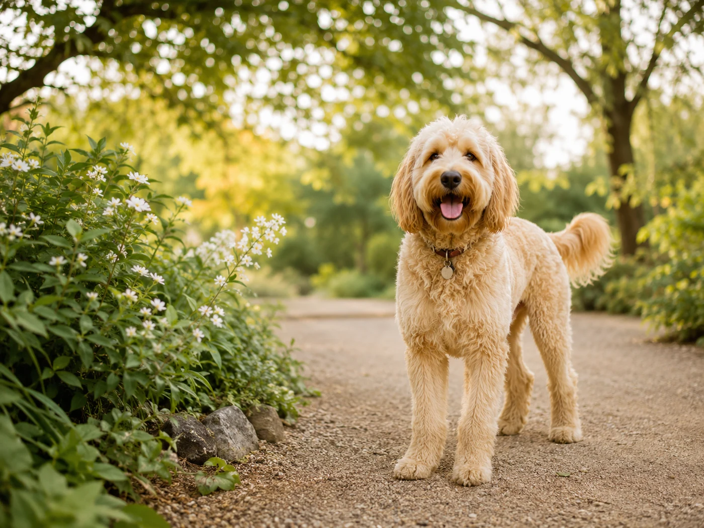 Freundlicher Hund auf einem sonnigen Gartenweg