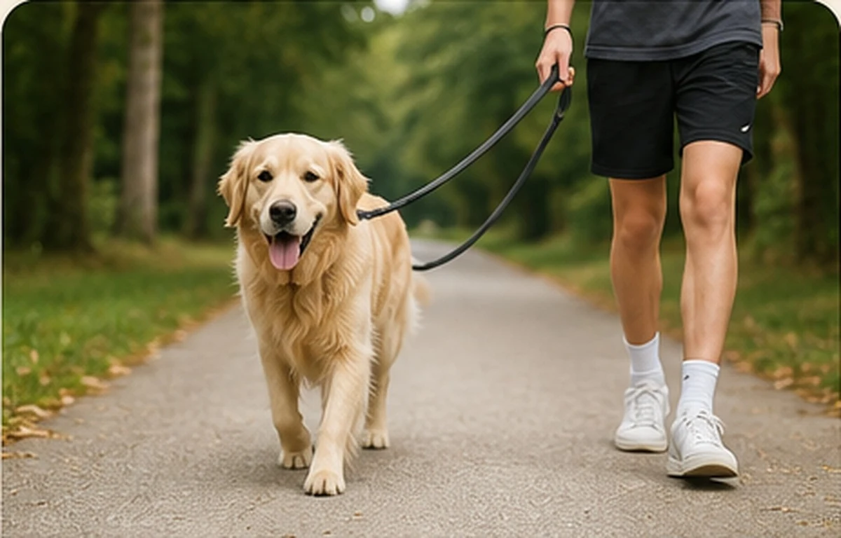 Hund an der Leine; im Hintergrund sind nur die Beine eines jungen Menschen zu sehen